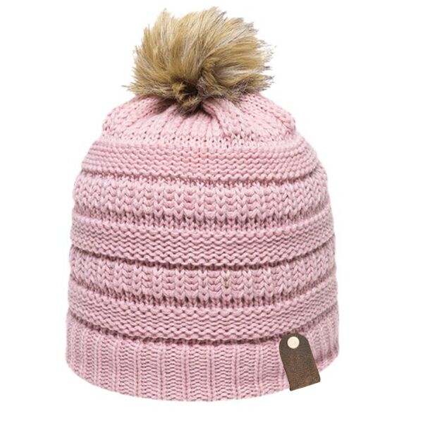 Leather Tag Cable Knit Faux Fur Pom Thumbnail